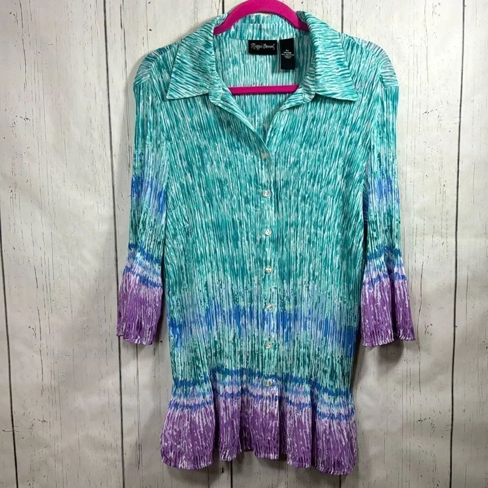 Maggy Barnes Ombre Crinkle Button Down Blouse 14/16 Artsy Boho Lagenlook